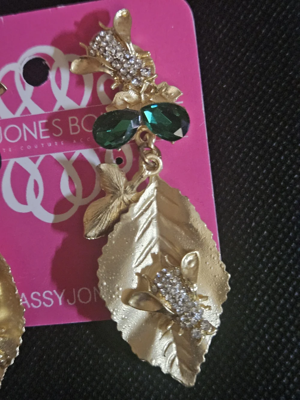 SASSY JONES - Gold Leaf Drop Dangle Earrings with Emerald Stones